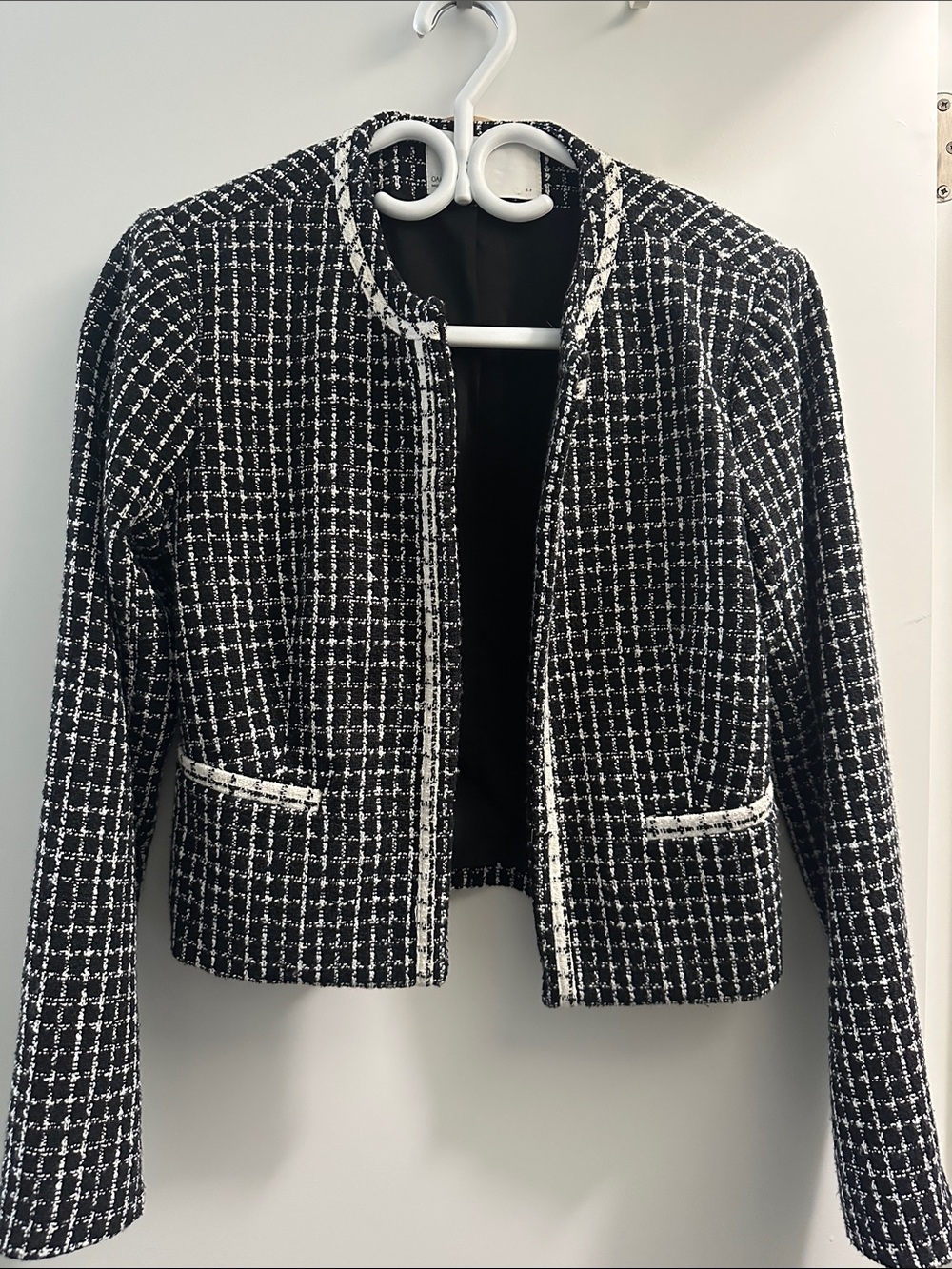 OAK + FORT Black and White Tweed Open-Front Jacket